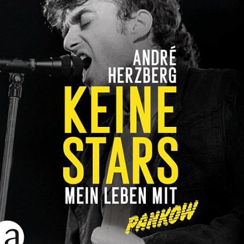 Der Einband von André Herzbergs Buch "Keine Stars, Mein Leben mit Pankow" mit großer gelber Titelschrift vor einem schwarz-weiß Portrait von ihm am Mikrofon.