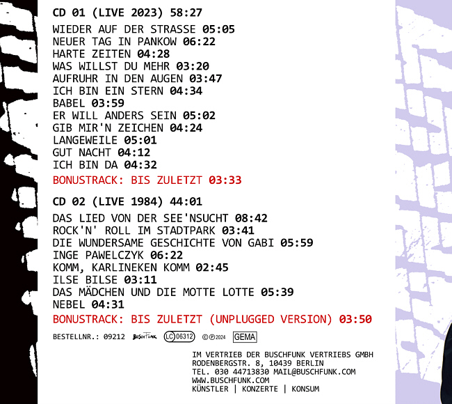 Doppel-CD PANKOW live 2023 und 1984 mit 2 Bonustracks, Rückseite
